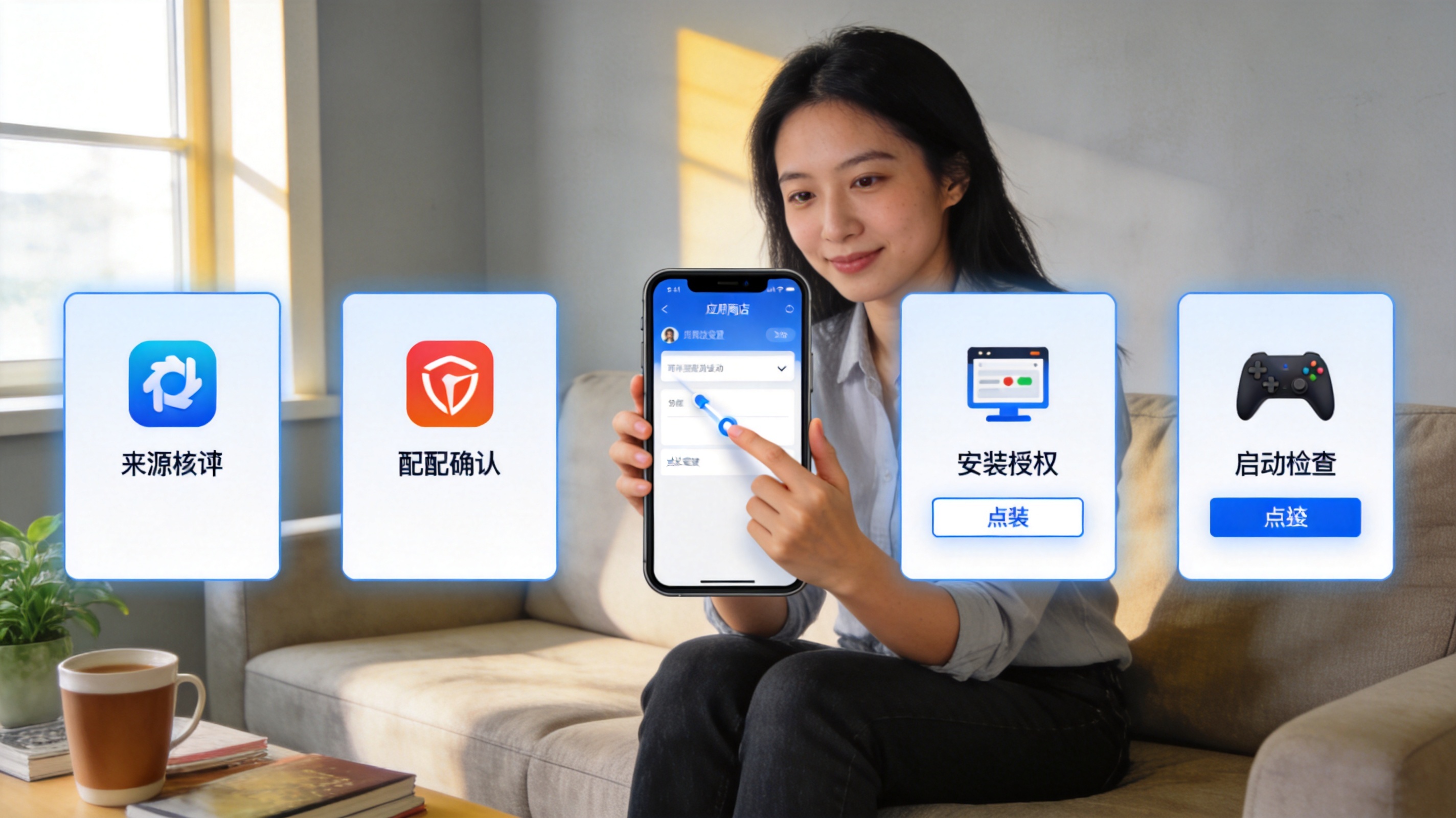 下载与安装指引配图，展示手游安装包来源核对与设备适配检查的操作流程